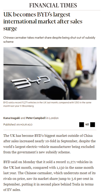 单一市场月销破万，比亚迪英国逆袭，中国汽车崛起！
